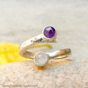Amethyst and Rainbow Moonstone 925 Silver Ring