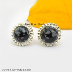 Natural Black Snowflake Obsidian Stud Earrings