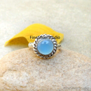 Blue Chalcedony Ring Sterling Silver Rope Edged Ring